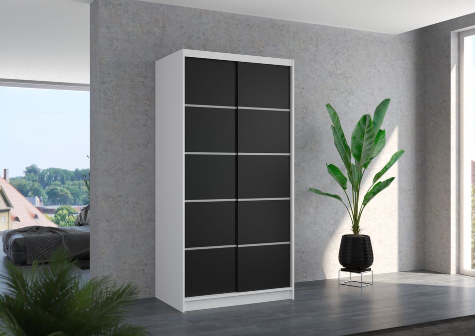 Petite armoire de chambre blanche 2 portes coulissantes en bois noir Rika 100 cm - Photo n°2