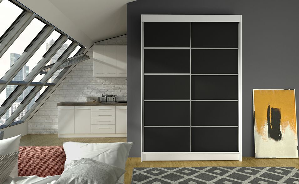 Petite armoire de chambre blanche et noir avec 2 portes coulissantes Benko 120 cm - Photo n°2