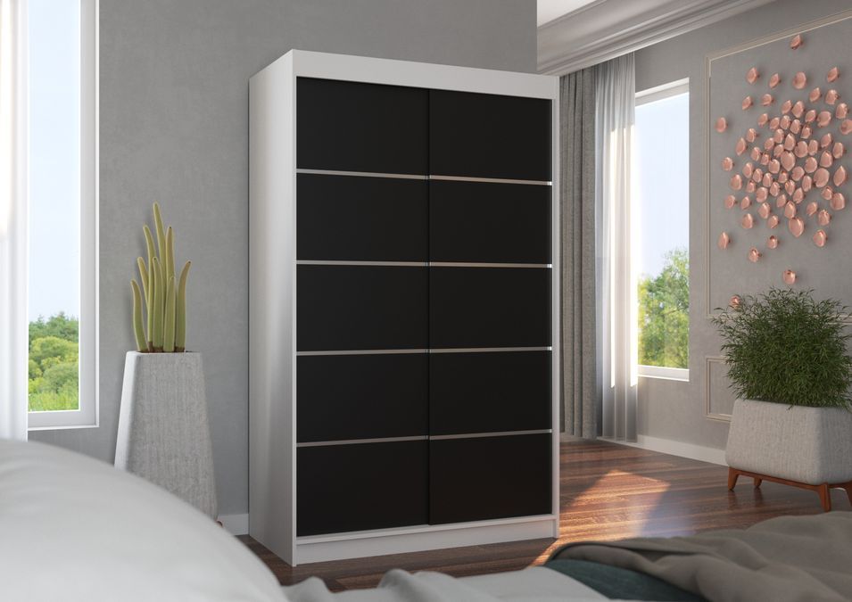 Petite armoire de chambre blanche et noir avec 2 portes coulissantes Benko 120 cm - Photo n°4