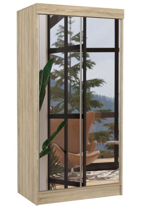 Petite armoire de chambre bois clair Sonoma avec 2 portes coulissantes miroir Luiza 100 cm - Photo n°1