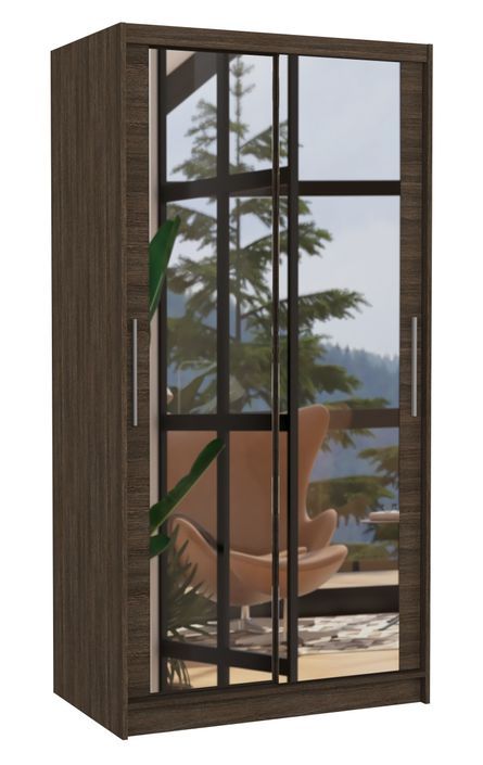Petite armoire de chambre marron 2 portes coulissantes avec miroir Niko 100 cm - Photo n°1