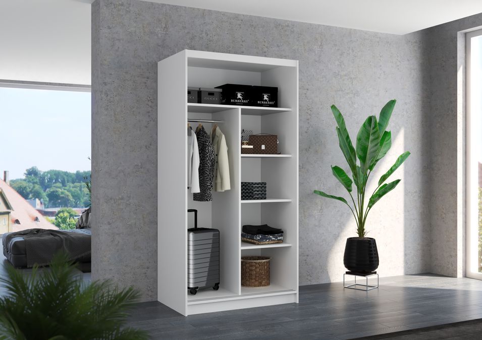 Petite armoire de chambre naturel 2 portes coulissantes en bois blanc Rika 100 cm - Photo n°3