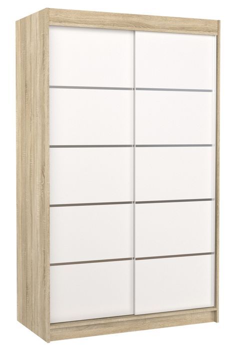 Petite armoire de chambre naturel et blanc avec 2 portes coulissantes Benko 120 cm - Photo n°1