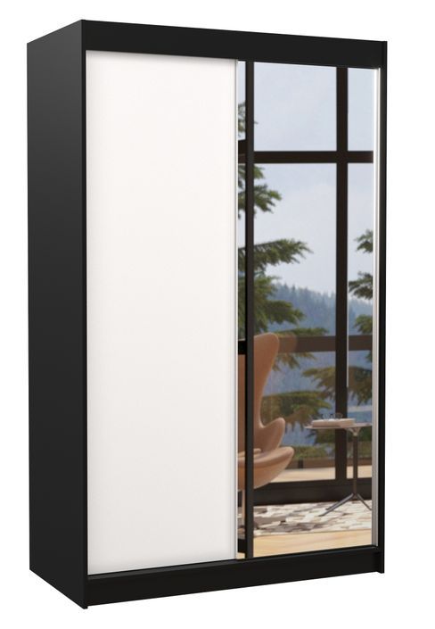 Petite armoire de chambre noir 2 portes coulissantes 1 bois blanc 1 miroir Roxane 120 cm - Photo n°1