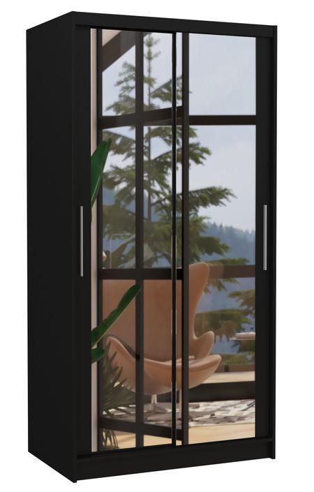 Petite armoire de chambre noir 2 portes coulissantes avec miroir Niko 100 cm - Photo n°1