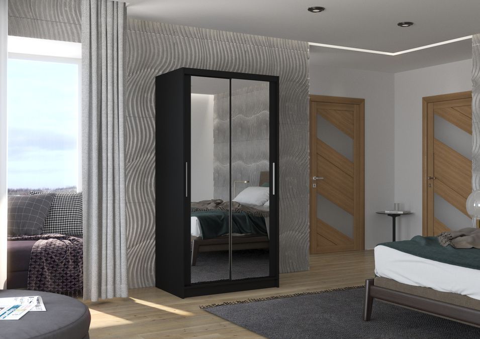 Petite armoire de chambre noir 2 portes coulissantes avec miroir Niko 100 cm - Photo n°2