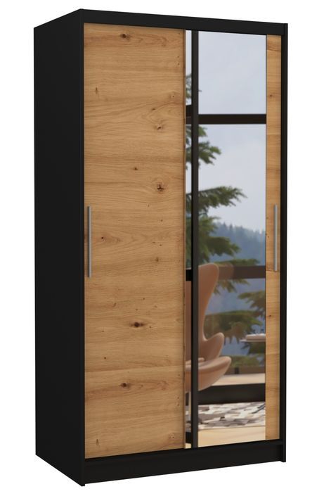 Petite armoire de chambre noir 2 portes coulissantes bois artisan et miroir Bazo 100 cm - Photo n°1