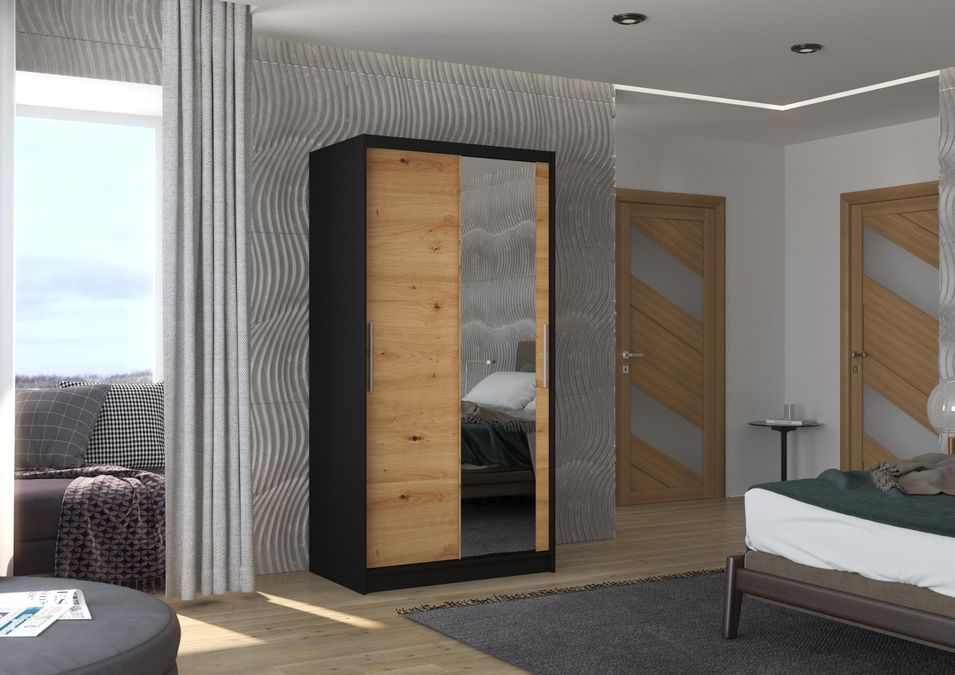 Petite armoire de chambre noir 2 portes coulissantes bois artisan et miroir Bazo 100 cm - Photo n°2