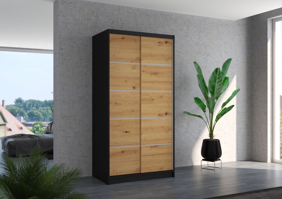 Petite armoire de chambre noir 2 portes coulissantes en bois artisan Rika 100 cm - Photo n°2
