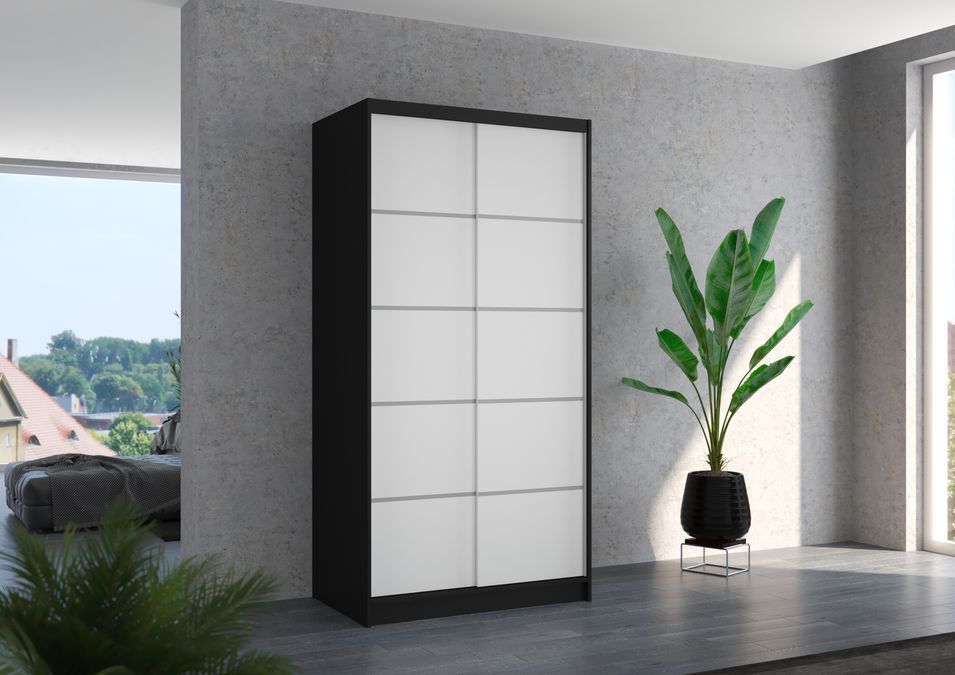 Petite armoire de chambre noir 2 portes coulissantes en bois blanc Rika 100 cm - Photo n°2