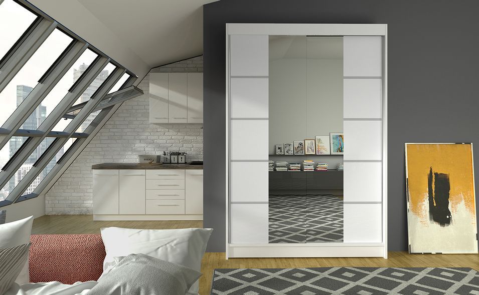 Petite armoire design de chambre à coucher 2 portes coulissantes blanche et miroir Kinzo 120 cm - Photo n°2