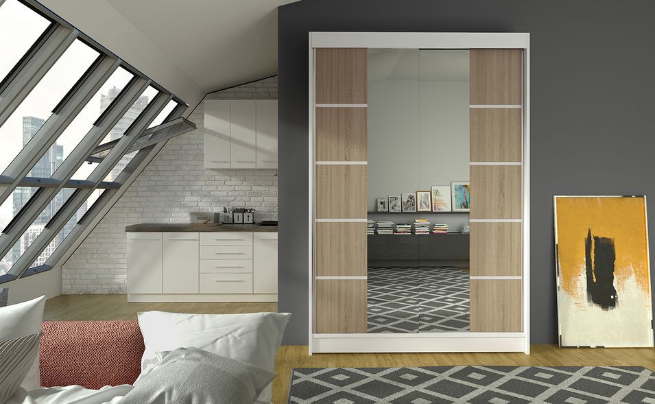 Petite armoire design de chambre à coucher 2 portes coulissantes blanche et naturel avec miroir Kinzo 120 cm - Photo n°2