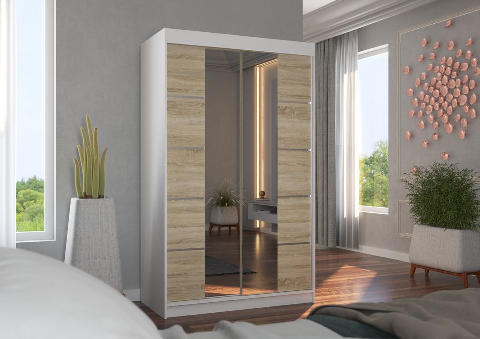 Petite armoire design de chambre à coucher 2 portes coulissantes blanche et naturel avec miroir Kinzo 120 cm - Photo n°3