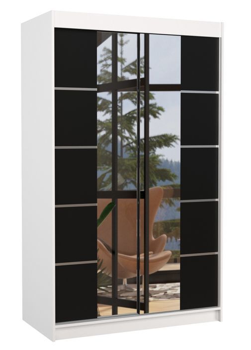 Petite armoire design de chambre à coucher 2 portes coulissantes blanche et noir avec miroir Kinzo 120 cm - Photo n°1