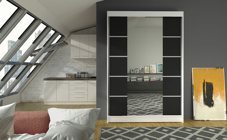Petite armoire design de chambre à coucher 2 portes coulissantes blanche et noir avec miroir Kinzo 120 cm - Photo n°2