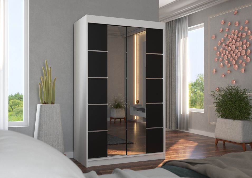 Petite armoire design de chambre à coucher 2 portes coulissantes blanche et noir avec miroir Kinzo 120 cm - Photo n°3