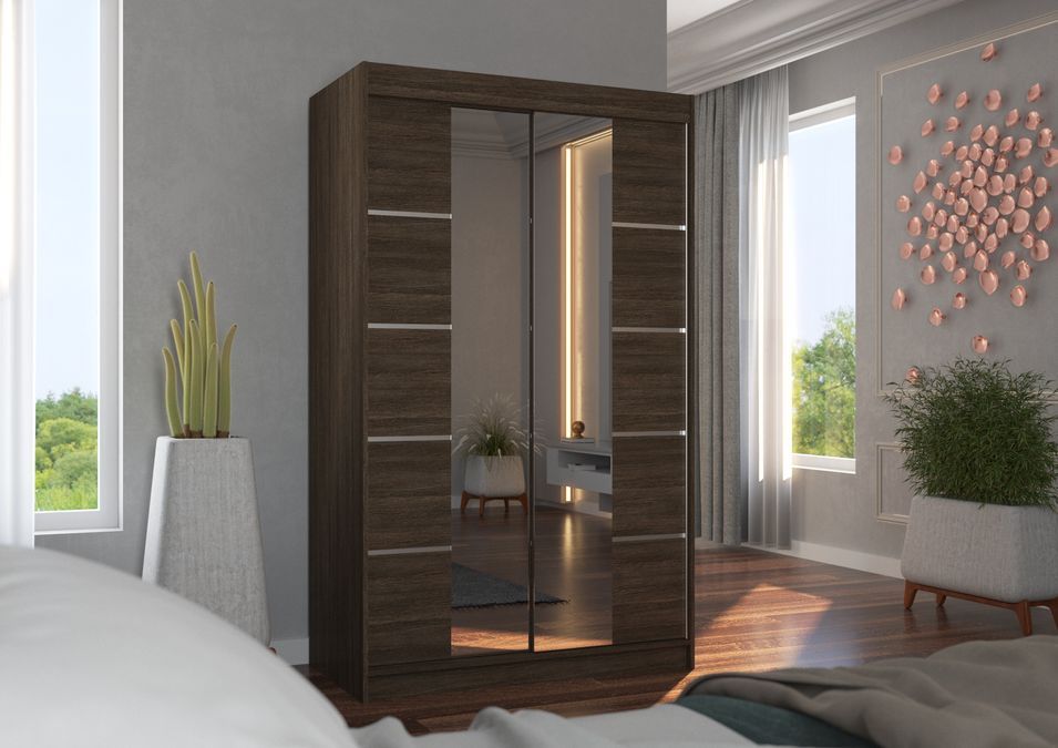 Petite armoire design de chambre à coucher 2 portes coulissantes marron et miroir Kinzo 120 cm - Photo n°2