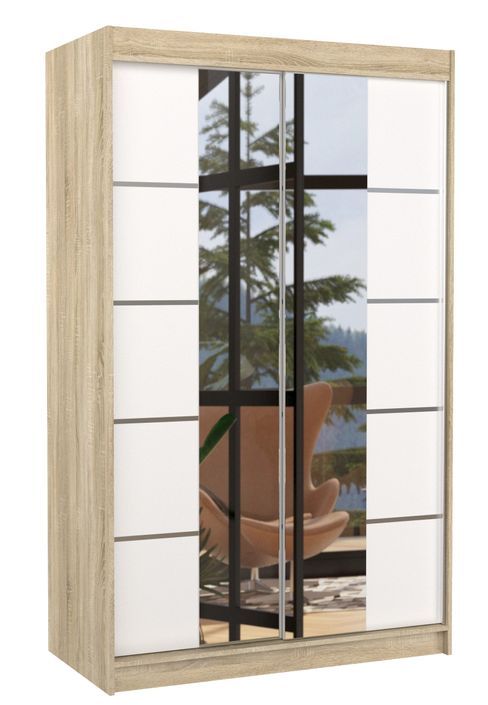 Petite armoire design de chambre à coucher 2 portes coulissantes naturel et blanc avec miroir Kinzo 120 cm - Photo n°1