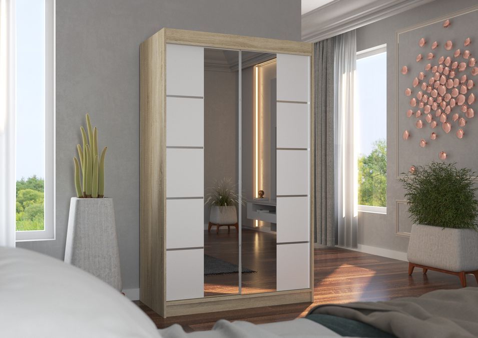 Petite armoire design de chambre à coucher 2 portes coulissantes naturel et blanc avec miroir Kinzo 120 cm - Photo n°3