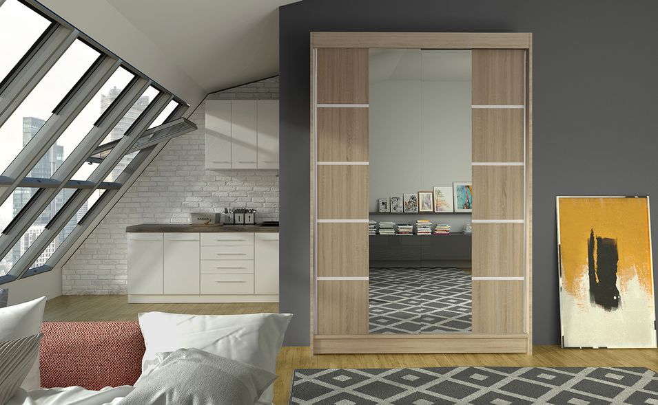 Petite armoire design de chambre à coucher 2 portes coulissantes naturel et miroir Kinzo 120 cm - Photo n°2