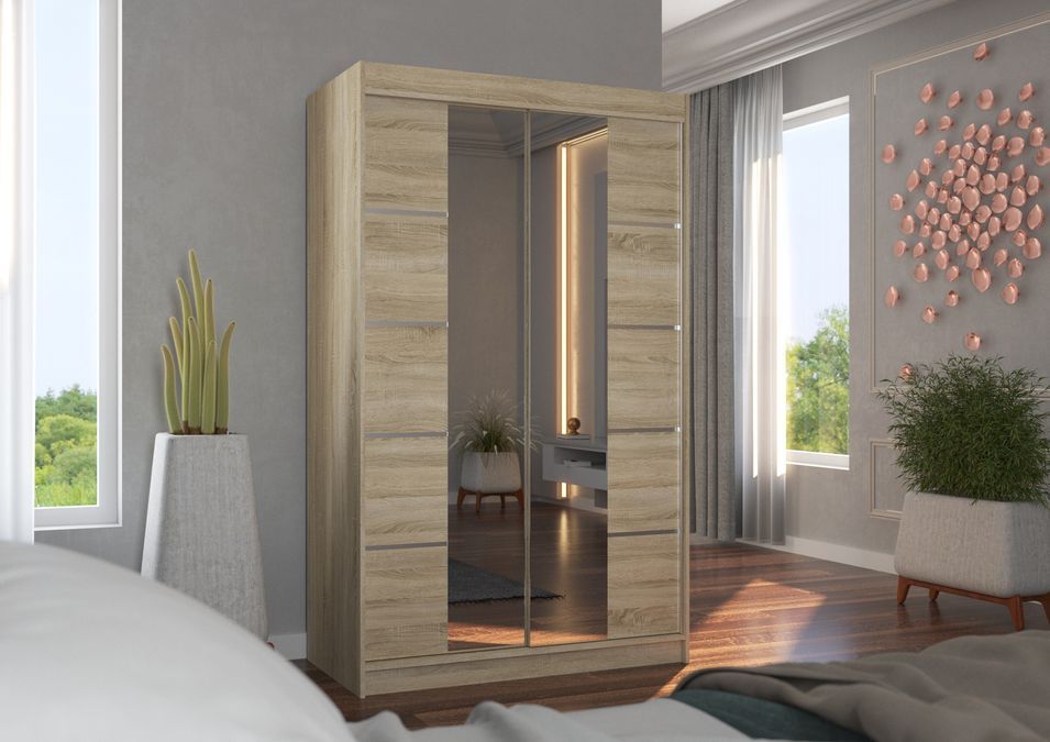 Petite armoire design de chambre à coucher 2 portes coulissantes naturel et miroir Kinzo 120 cm - Photo n°3