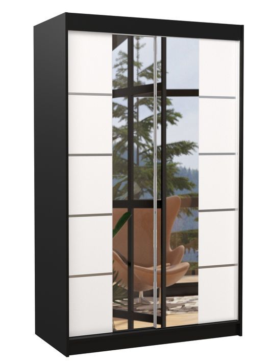 Petite armoire design de chambre à coucher 2 portes coulissantes noir et blanc avec miroir Kinzo 120 cm - Photo n°1
