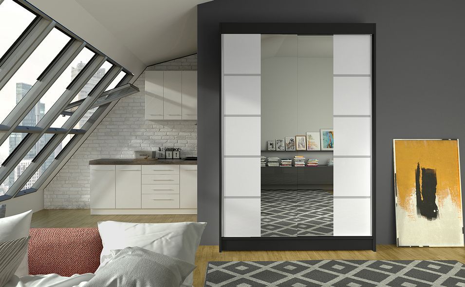 Petite armoire design de chambre à coucher 2 portes coulissantes noir et blanc avec miroir Kinzo 120 cm - Photo n°2