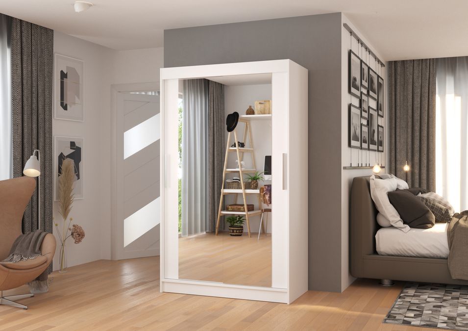 Petite armoire moderne de chambre à coucher blanche avec 2 portes coulissantes miroir Ibizo 120 cm - Photo n°2