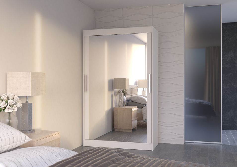 Petite armoire moderne de chambre à coucher blanche avec 2 portes coulissantes miroir Ibizo 120 cm - Photo n°3