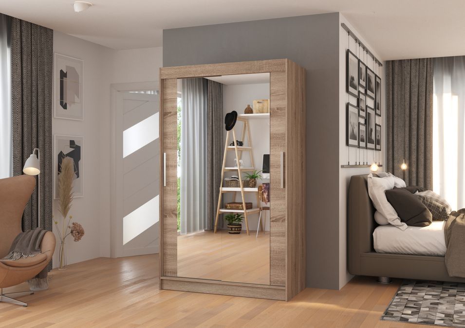 Petite armoire moderne de chambre à coucher bois truffe avec 2 portes coulissantes miroir Ibizo 120 cm - Photo n°3