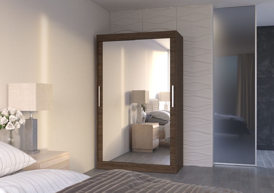 Petite armoire moderne de chambre à coucher marron avec 2 portes coulissantes miroir Ibizo 120 cm - Photo n°2