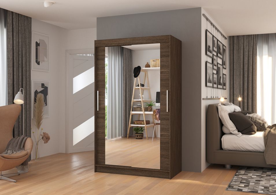 Petite armoire moderne de chambre à coucher marron avec 2 portes coulissantes miroir Ibizo 120 cm - Photo n°3