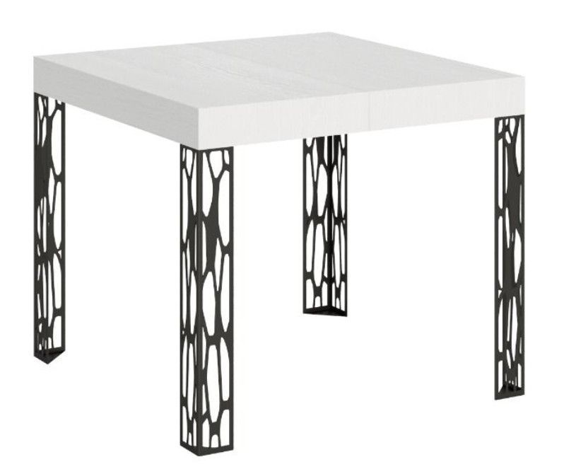 Petite table carrée 90/90 cm extensible 10 personnes 90 à 246 cm blanche et pieds métal gris foncé Gisa - Photo n°1