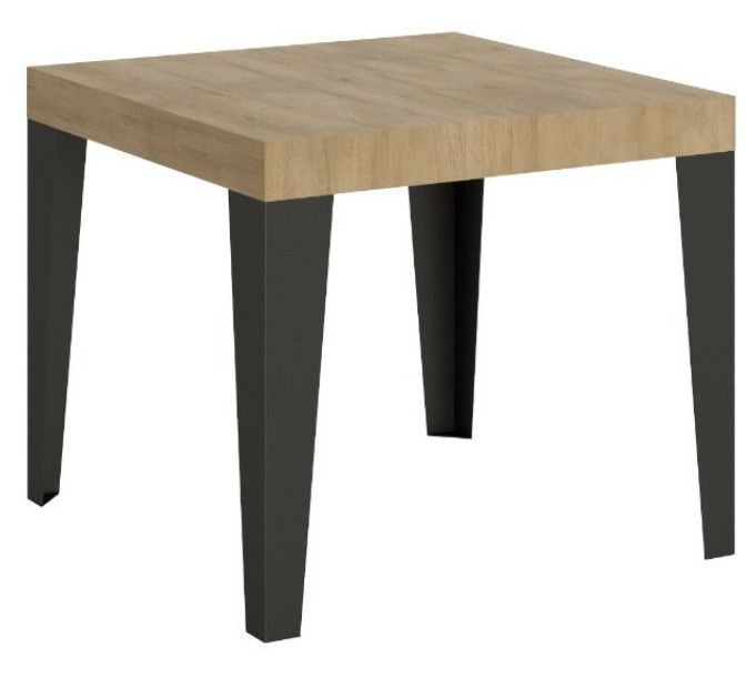Petite table carrée 90/90 cm extensible 10 personnes 90 à 246 cm bois chêne clair et pieds métal anthracite Flavio - Photo n°1