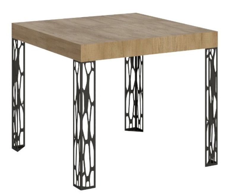 Petite table carrée 90/90 cm extensible 10 personnes 90 à 246 cm bois clair et pieds métal gris foncé Gisa - Photo n°1