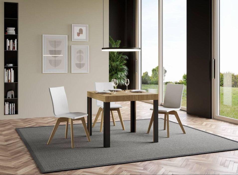 Petite table carrée 90/90 cm extensible 10 personnes 90 à 246 cm bois clair et pieds métal gris foncé Liva - Photo n°4