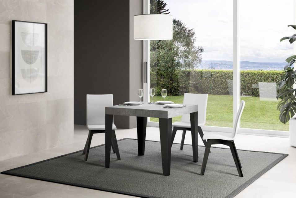 Petite table carrée 90/90 cm extensible 10 personnes 90 à 246 cm bois gris béton et pieds métal anthracite Flavio - Photo n°2