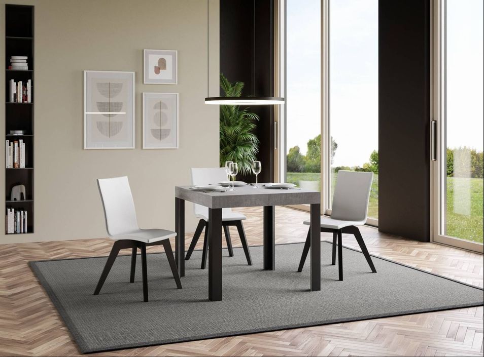 Petite table carrée 90/90 cm extensible 10 personnes 90 à 246 cm gris béton et pieds métal gris foncé Liva - Photo n°4