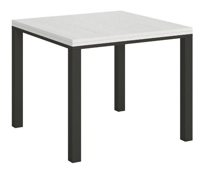 Petite table carrée 90/90 cm extensible 90 à 180 cm blanche et cadre métal anthracite Diva - Photo n°1