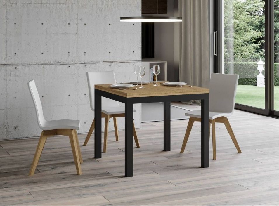 Petite table carrée 90/90 cm extensible 90 à 180 cm bois clair et cadre métal anthracite Diva - Photo n°2