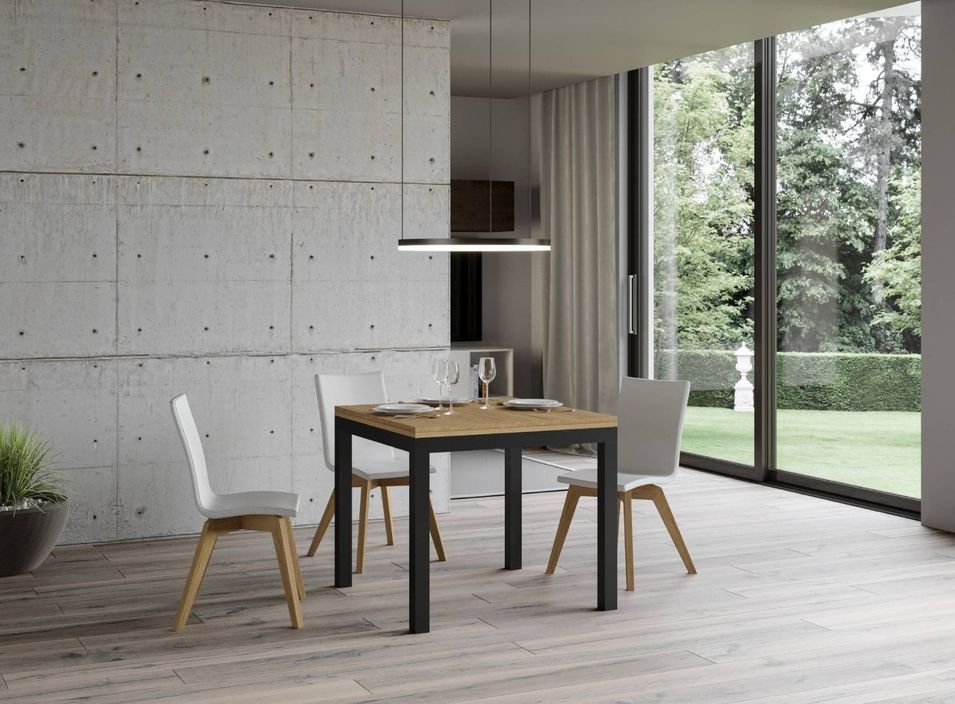 Petite table carrée 90/90 cm extensible 90 à 180 cm bois clair et cadre métal anthracite Diva - Photo n°4