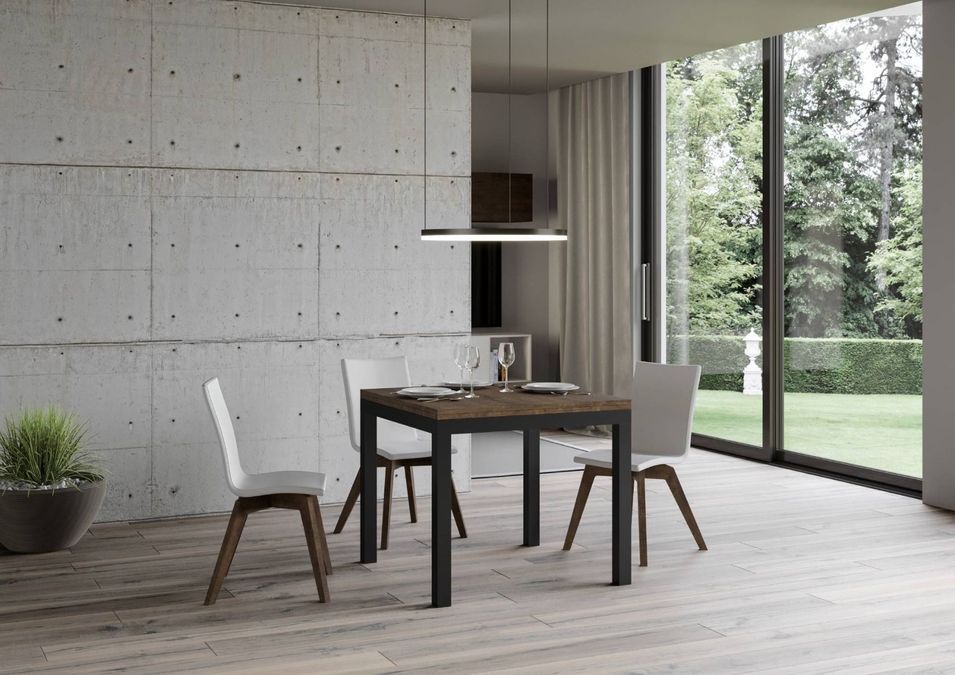 Petite table carrée 90/90 cm extensible 90 à 180 cm bois foncé et cadre métal anthracite Diva - Photo n°4
