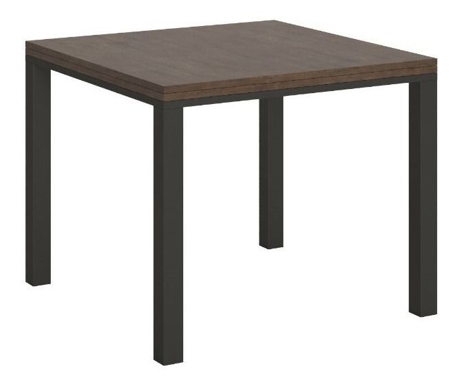 Petite table carrée 90/90 cm extensible 90 à 180 cm bois foncé et cadre métal anthracite Diva - Photo n°1