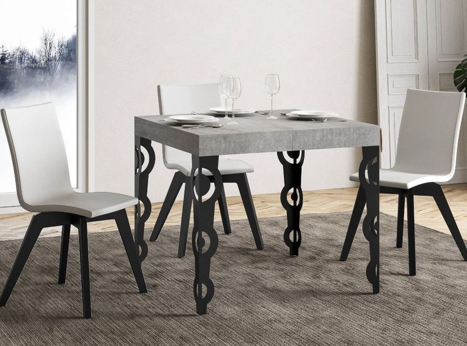 Petite table carrée 90x90 cm extensible 10 personnes 90 à 246 cm gris béton et pieds métal anthracite Kazay - Photo n°2