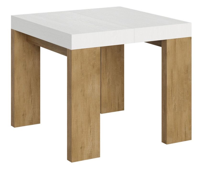 Petite table carrée extensible blanche et bois clair 90 à 246 cm Ribo - Photo n°1