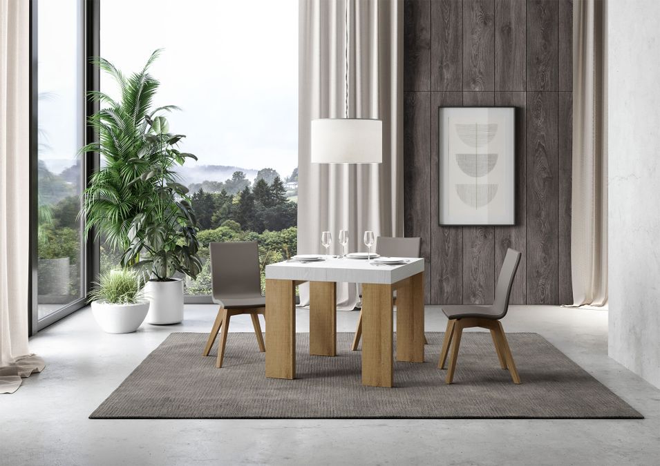 Petite table carrée extensible blanche et bois clair 90 à 246 cm Ribo - Photo n°2