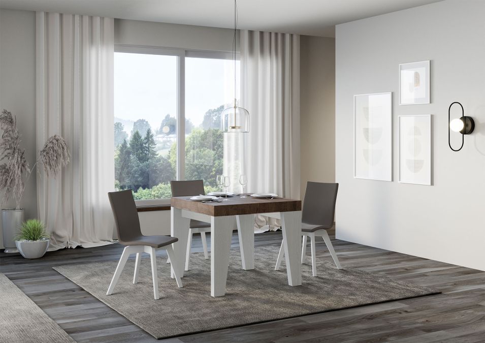 Petite table carrée extensible bois blanc et noyer 90 à 246 cm Nako - Photo n°2