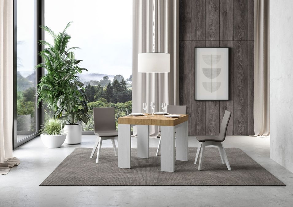 Petite table carrée extensible bois clair et blanc 90 à 246 cm Ribo - Photo n°2