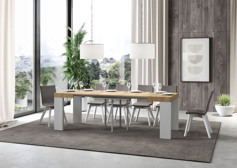 Petite table carrée extensible bois clair et blanc 90 à 246 cm Ribo - Photo n°3