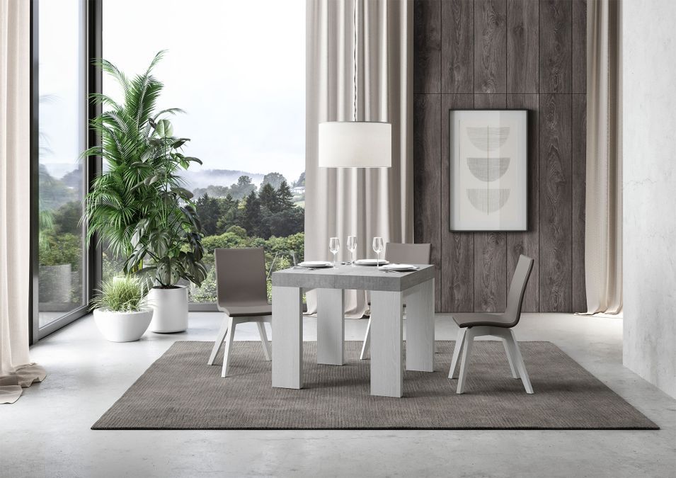 Petite table carrée extensible bois gris béton et blanc 90 à 246 cm Ribo - Photo n°2
